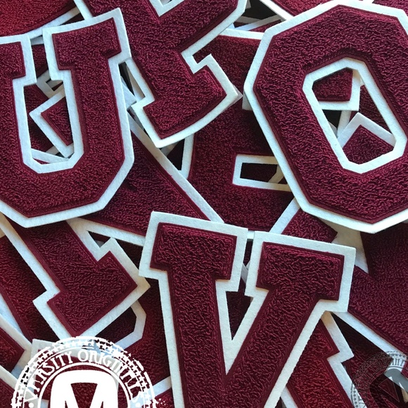 Cardinal/White 6” Chenille Varsity Letter Patches / A-Z Available MADE IN USA - Picture 1 of 4